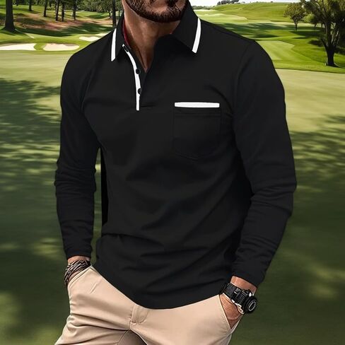 Men's Polo Shirts Long Sleeve Casual Golf Shirts Stylish Slim Fit Collared Shirts with Pocket in Saudi Arabia