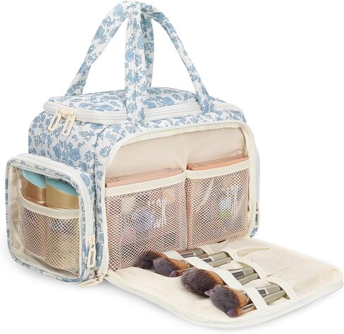 Travel Makeup Bag, Lightweight Wide-open Toiletries Bag for Women, Large Cosmetic Organizer Bag with Makeup Brushes Compartment for Travel-Sized Essentials for Trip, Camping - Blue Flower in Saudi Arabia