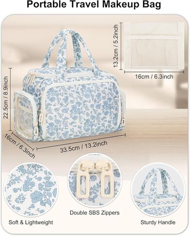 Travel Makeup Bag, Lightweight Wide-open Toiletries Bag for Women, Large Cosmetic Organizer Bag with Makeup Brushes Compartment for Travel-Sized Essentials for Trip, Camping - Blue Flower in Saudi Arabia