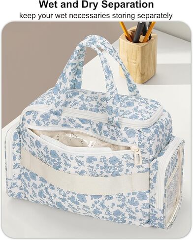 Travel Makeup Bag, Lightweight Wide-open Toiletries Bag for Women, Large Cosmetic Organizer Bag with Makeup Brushes Compartment for Travel-Sized Essentials for Trip, Camping - Blue Flower in Saudi Arabia
