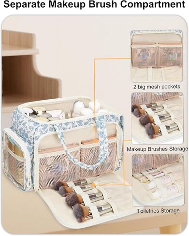 Travel Makeup Bag, Lightweight Wide-open Toiletries Bag for Women, Large Cosmetic Organizer Bag with Makeup Brushes Compartment for Travel-Sized Essentials for Trip, Camping - Blue Flower in Saudi Arabia
