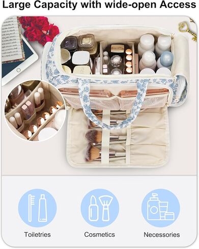 Travel Makeup Bag, Lightweight Wide-open Toiletries Bag for Women, Large Cosmetic Organizer Bag with Makeup Brushes Compartment for Travel-Sized Essentials for Trip, Camping - Blue Flower in Saudi Arabia