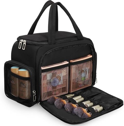 Travel Makeup Bag, Lightweight Wide-open Toiletries Bag for Women, Large Cosmetic Organizer Bag with Makeup Brushes Compartment for Travel-Sized Essentials for Trip, Camping - Blue Flower in Kuwait