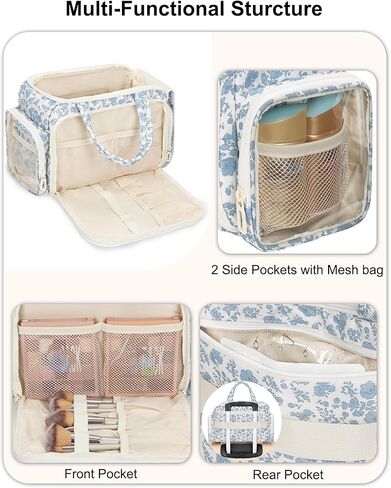 Travel Makeup Bag, Lightweight Wide-open Toiletries Bag for Women, Large Cosmetic Organizer Bag with Makeup Brushes Compartment for Travel-Sized Essentials for Trip, Camping - Blue Flower in Saudi Arabia