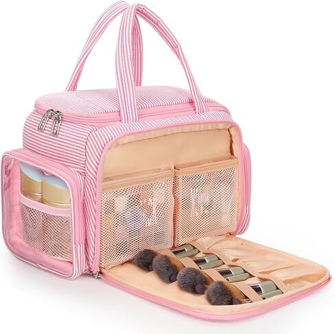 Travel Makeup Bag, Lightweight Wide-open Toiletries Bag for Women, Large Cosmetic Organizer Bag with Makeup Brushes Compartment for Travel-Sized Essentials for Trip, Camping - Blue Flower in Saudi Arabia