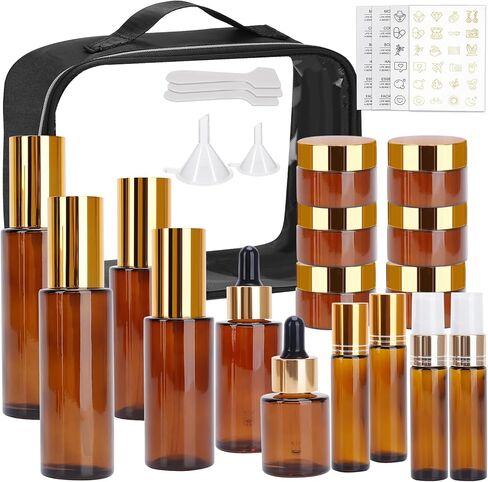 26 Pack TSA Approved Glass Travel Skincare Containers, 2/1.7/1.35/0.7/0.5/0.3oz Refillable Traveling Size Containers with Pump, Jars & Essential Oil Bottle, Leak-Proof for Creams & Liquids in Saudi Arabia
