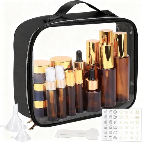 26 Pack TSA Approved Glass Travel Skincare Containers, 2/1.7/1.35/0.7/0.5/0.3oz Refillable Traveling Size Containers with Pump, Jars & Essential Oil Bottle, Leak-Proof for Creams & Liquids in Saudi Arabia