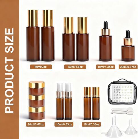 26 Pack TSA Approved Glass Travel Skincare Containers, 2/1.7/1.35/0.7/0.5/0.3oz Refillable Traveling Size Containers with Pump, Jars & Essential Oil Bottle, Leak-Proof for Creams & Liquids in Saudi Arabia