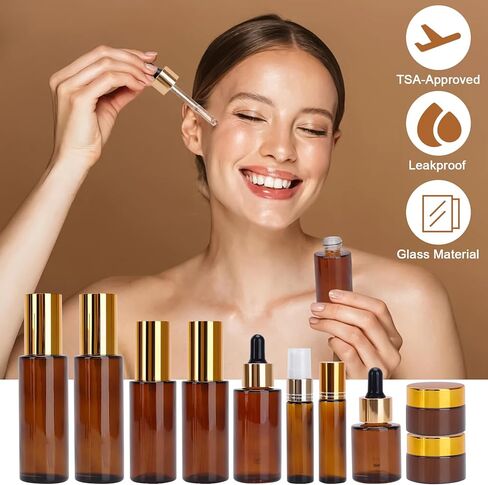 26 Pack TSA Approved Glass Travel Skincare Containers, 2/1.7/1.35/0.7/0.5/0.3oz Refillable Traveling Size Containers with Pump, Jars & Essential Oil Bottle, Leak-Proof for Creams & Liquids in Saudi Arabia