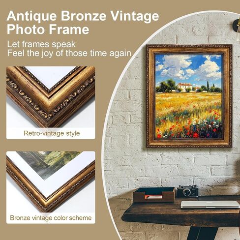 إطار صورة ذهبي عتيق مقاس 12 × 16، إطارات فيكتورية مزخرفة لجدار المعرض أو سطح الطاولة مع زجاج حقيقي، عرض فني مقاس 8.5 × 11 مع حصيرة أو 12 × 16 بدون حصيرة للديكور العتيق in Kuwait