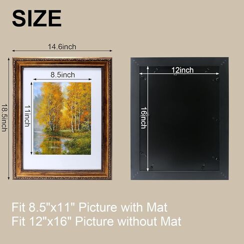 إطار صورة ذهبي عتيق مقاس 12 × 16، إطارات فيكتورية مزخرفة لجدار المعرض أو سطح الطاولة مع زجاج حقيقي، عرض فني مقاس 8.5 × 11 مع حصيرة أو 12 × 16 بدون حصيرة للديكور العتيق in Kuwait