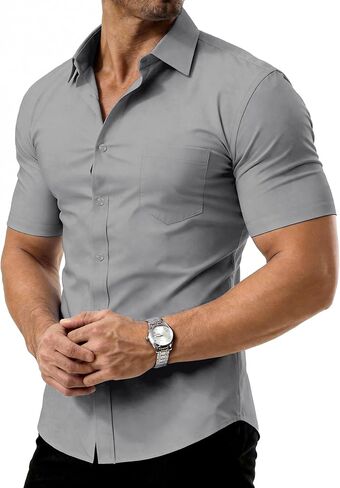 قمصان رجالي من PLEPAN بأكمام قصيرة وقصة ضيقة مقاومة للبقع والتجاعيد، قميص رسمي بأزرار سفلية مع جيب in Kuwait
