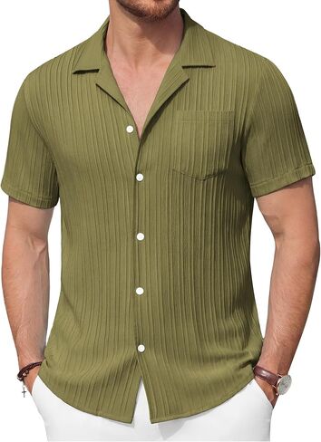 قمصان Vssjavun الرجالية ذات الأزرار بأكمام قصيرة وياقة كوبية، قميص شاطئ كاجوال مع جيب in Kuwait
