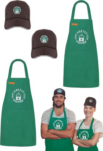 مجموعة أزياء الهالوين لباريستا القهوة للبالغين تتضمن مريلة خضراء وقبعة بنية للرجال والنساء لحفلات الهالوين الفاخرة in Kuwait