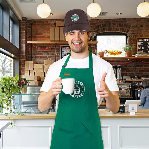 مجموعة أزياء الهالوين لباريستا القهوة للبالغين تتضمن مريلة خضراء وقبعة بنية للرجال والنساء لحفلات الهالوين الفاخرة in Kuwait