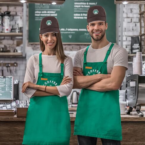 مجموعة أزياء الهالوين لباريستا القهوة للبالغين تتضمن مريلة خضراء وقبعة بنية للرجال والنساء لحفلات الهالوين الفاخرة in Kuwait