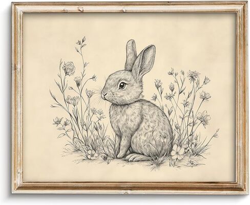 Vintage Easter Bunny Wall Art Decor Animal Sketch Rabbit Drawing Etching Rustic Picture Retro Farmhouse Bunny Drawing, Minimalist Mid Century Country Room Spring Flower Nursery Decor -8" x 10"-UNFRAMED in Saudi Arabia