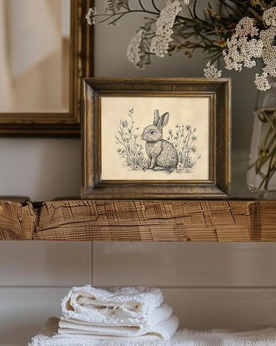 Vintage Easter Bunny Wall Art Decor Animal Sketch Rabbit Drawing Etching Rustic Picture Retro Farmhouse Bunny Drawing, Minimalist Mid Century Country Room Spring Flower Nursery Decor -8" x 10"-UNFRAMED in Saudi Arabia