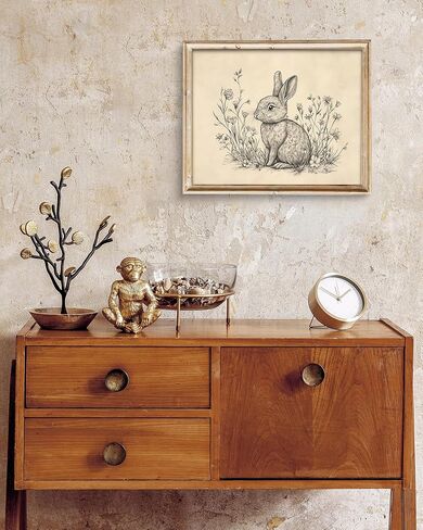 Vintage Easter Bunny Wall Art Decor Animal Sketch Rabbit Drawing Etching Rustic Picture Retro Farmhouse Bunny Drawing, Minimalist Mid Century Country Room Spring Flower Nursery Decor -8" x 10"-UNFRAMED in Saudi Arabia