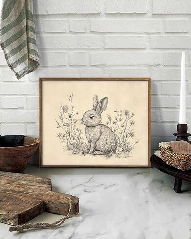 Vintage Easter Bunny Wall Art Decor Animal Sketch Rabbit Drawing Etching Rustic Picture Retro Farmhouse Bunny Drawing, Minimalist Mid Century Country Room Spring Flower Nursery Decor -8" x 10"-UNFRAMED in Saudi Arabia