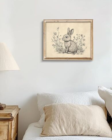 Vintage Easter Bunny Wall Art Decor Animal Sketch Rabbit Drawing Etching Rustic Picture Retro Farmhouse Bunny Drawing, Minimalist Mid Century Country Room Spring Flower Nursery Decor -8" x 10"-UNFRAMED in Saudi Arabia