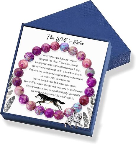 Wolf Bracelet with Purple Imperial Jasper Beads, Wolf Charm & Wolf Rules Card - Wolf Jewelry for Men Women, Wolf Gifts for Wolf Lovers in Saudi Arabia