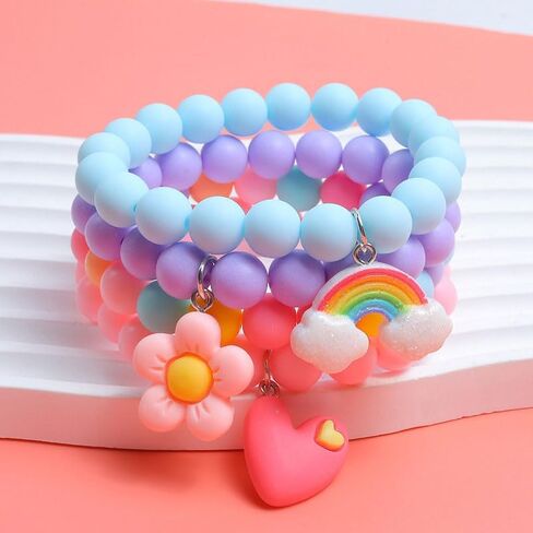 4 Pcs Cartoon Colorful Beaded Bracelets, Cute Pendant Decorative Accessories, Beaded Bracelet with Rainbow Heart and Flower Pendants, Cute Jewelry Gifts for Women in Saudi Arabia