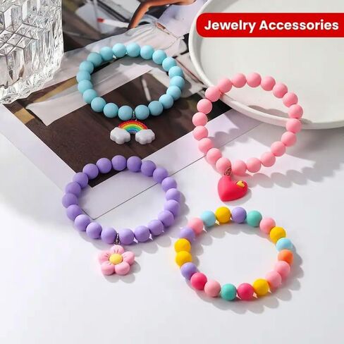 4 Pcs Cartoon Colorful Beaded Bracelets, Cute Pendant Decorative Accessories, Beaded Bracelet with Rainbow Heart and Flower Pendants, Cute Jewelry Gifts for Women in Saudi Arabia