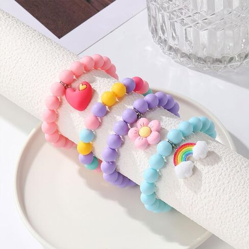 4 Pcs Cartoon Colorful Beaded Bracelets, Cute Pendant Decorative Accessories, Beaded Bracelet with Rainbow Heart and Flower Pendants, Cute Jewelry Gifts for Women in Saudi Arabia