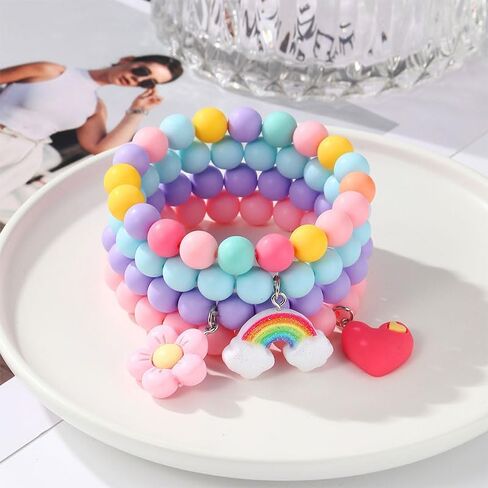 4 Pcs Cartoon Colorful Beaded Bracelets, Cute Pendant Decorative Accessories, Beaded Bracelet with Rainbow Heart and Flower Pendants, Cute Jewelry Gifts for Women in Saudi Arabia