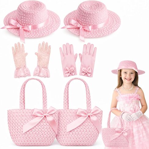Zhanmai 6 Pcs Girls Tea Party Hats Accessories Set Kids Tea Party Bonnets Hats and Gloves Purses for Girls Dress up Favors in Kuwait