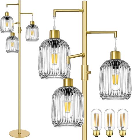 مصباح أرضي مع غطاء زجاجي كهرماني، مصباح قائم قابل للتعتيم لغرفة المعيشة، مصباح شجرة طويل القامة حديث في منتصف القرن 3، مفتاح دوار، 3 × 6 وات متضمنة لمبات LED in Kuwait