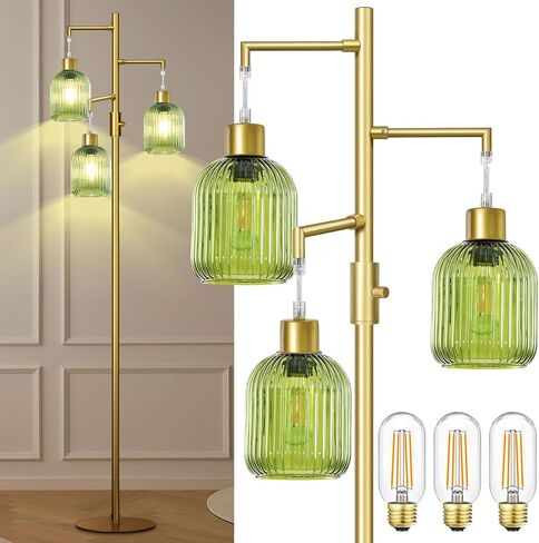 Floor Lamp with Amber Glass Shade, Dimmable Standing Lamp for Living Room, Modern Mid Century 3 Lights Tall Tree Lamp, Rotary Switch, 3 x 6W LED Bulbs Included in Saudi Arabia