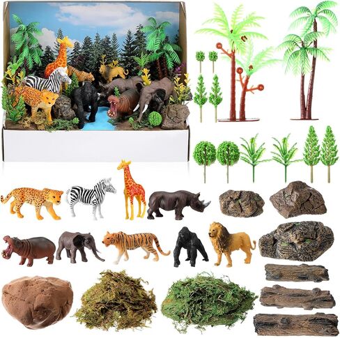 Teyva Daily 48 Pcs Rainforest Diorama Box Kit Habitat Project Box Kit Diorama Supplies Set Include Animal Model Figures Artificial Trees Fake Rocks with Gift for DIY Crafts Birthday Gifts(Rainforest) in Saudi Arabia