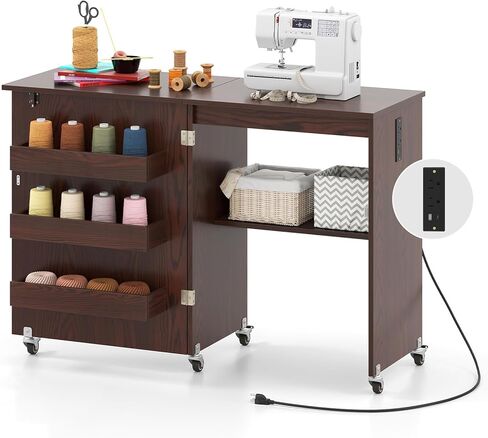 Giantex Folding Sewing Table with Charging Station, Rolling Craft Table with Storage Trays & Shelf, Foldable Sewing Machine Cabinet Desk with Lockable Wheels for Small Spaces (White) in Saudi Arabia