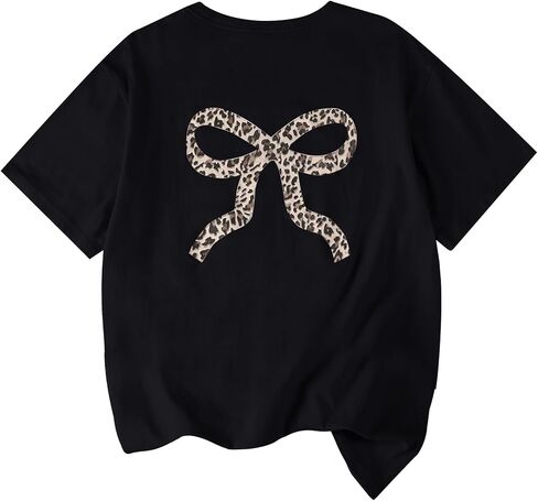 EXARUS Girls Bow Graphic Tees Cotton Oversized Leopard Print T Shirts Summer Short Sleeve Casual Teen Cute Tops 8-14Y in Saudi Arabia