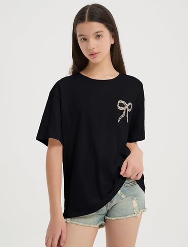 EXARUS Girls Bow Graphic Tees Cotton Oversized Leopard Print T Shirts Summer Short Sleeve Casual Teen Cute Tops 8-14Y in Saudi Arabia