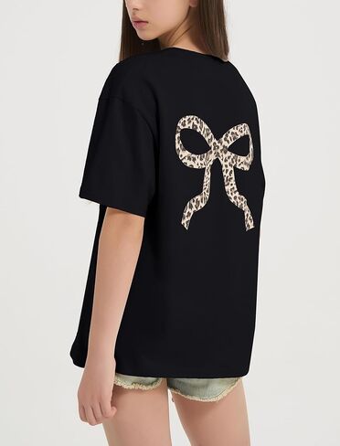 EXARUS Girls Bow Graphic Tees Cotton Oversized Leopard Print T Shirts Summer Short Sleeve Casual Teen Cute Tops 8-14Y in Saudi Arabia