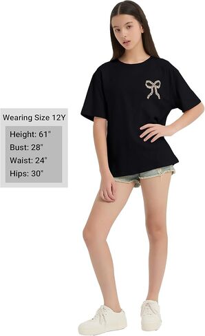 EXARUS Girls Bow Graphic Tees Cotton Oversized Leopard Print T Shirts Summer Short Sleeve Casual Teen Cute Tops 8-14Y in Saudi Arabia