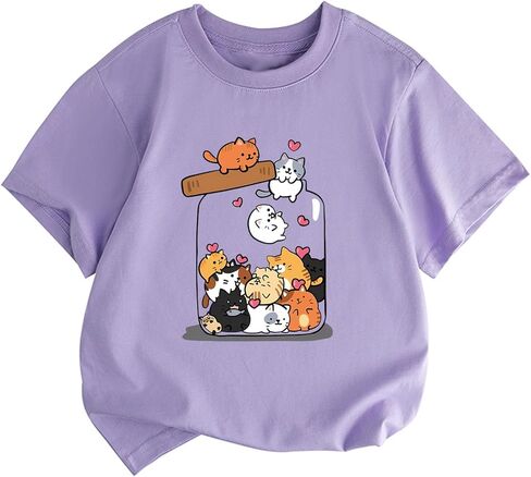 تي شيرت لطيف على شكل قطة للفتيات والأطفال تي شيرت برسومات مطبوعة على شكل حيوانات Kawaii كارتون تي شيرت برقبة دائرية وأكمام قصيرة صيفية in Kuwait