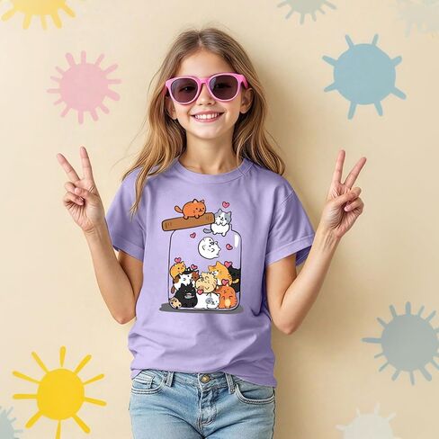 تي شيرت لطيف على شكل قطة للفتيات والأطفال تي شيرت برسومات مطبوعة على شكل حيوانات Kawaii كارتون تي شيرت برقبة دائرية وأكمام قصيرة صيفية in Kuwait