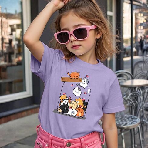 تي شيرت لطيف على شكل قطة للفتيات والأطفال تي شيرت برسومات مطبوعة على شكل حيوانات Kawaii كارتون تي شيرت برقبة دائرية وأكمام قصيرة صيفية in Kuwait