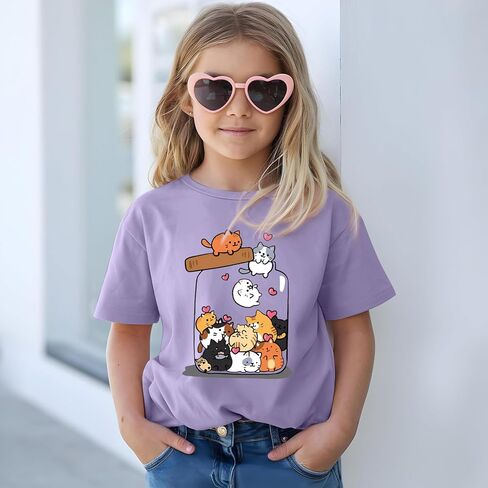 تي شيرت لطيف على شكل قطة للفتيات والأطفال تي شيرت برسومات مطبوعة على شكل حيوانات Kawaii كارتون تي شيرت برقبة دائرية وأكمام قصيرة صيفية in Kuwait