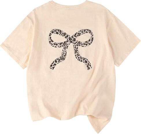 EXARUS Girls Bow Graphic Tees Cotton Oversized Leopard Print T Shirts Summer Short Sleeve Casual Teen Cute Tops 8-14Y in Saudi Arabia