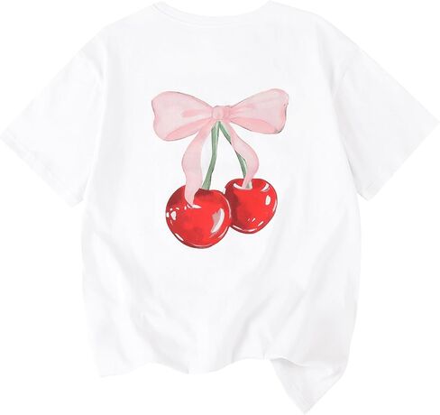 EXARUS Girls Bow Graphic Tees Cotton Oversized Leopard Print T Shirts Summer Short Sleeve Casual Teen Cute Tops 8-14Y in Saudi Arabia
