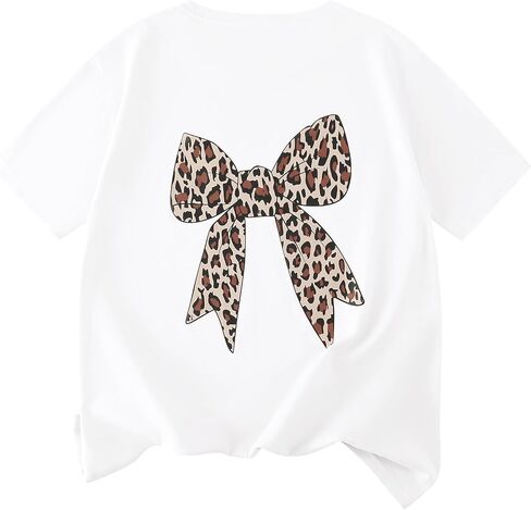EXARUS Girls Bow Graphic Tees Cotton Oversized Leopard Print T Shirts Summer Short Sleeve Casual Teen Cute Tops 8-14Y in Saudi Arabia