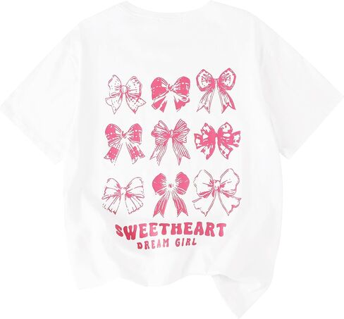 EXARUS Girls Bow Graphic Tees Cotton Oversized Leopard Print T Shirts Summer Short Sleeve Casual Teen Cute Tops 8-14Y in Saudi Arabia