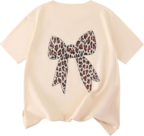 EXARUS Girls Bow Graphic Tees Cotton Oversized Leopard Print T Shirts Summer Short Sleeve Casual Teen Cute Tops 8-14Y in Saudi Arabia
