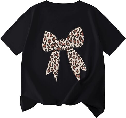 EXARUS Girls Bow Graphic Tees Cotton Oversized Leopard Print T Shirts Summer Short Sleeve Casual Teen Cute Tops 8-14Y in Saudi Arabia