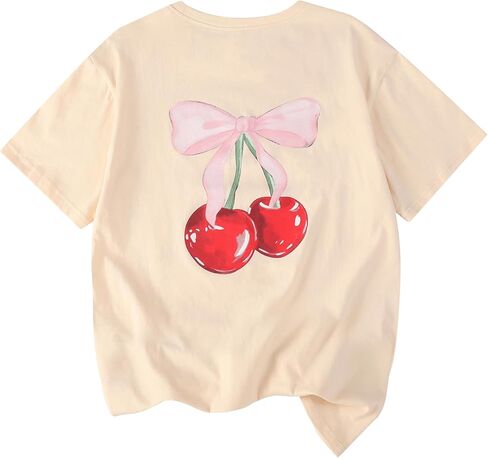 EXARUS Girls Bow Graphic Tees Cotton Oversized Leopard Print T Shirts Summer Short Sleeve Casual Teen Cute Tops 8-14Y in Saudi Arabia